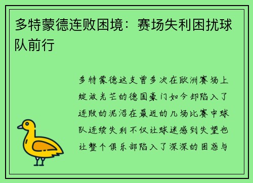多特蒙德连败困境：赛场失利困扰球队前行