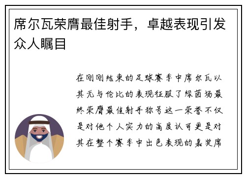 席尔瓦荣膺最佳射手，卓越表现引发众人瞩目